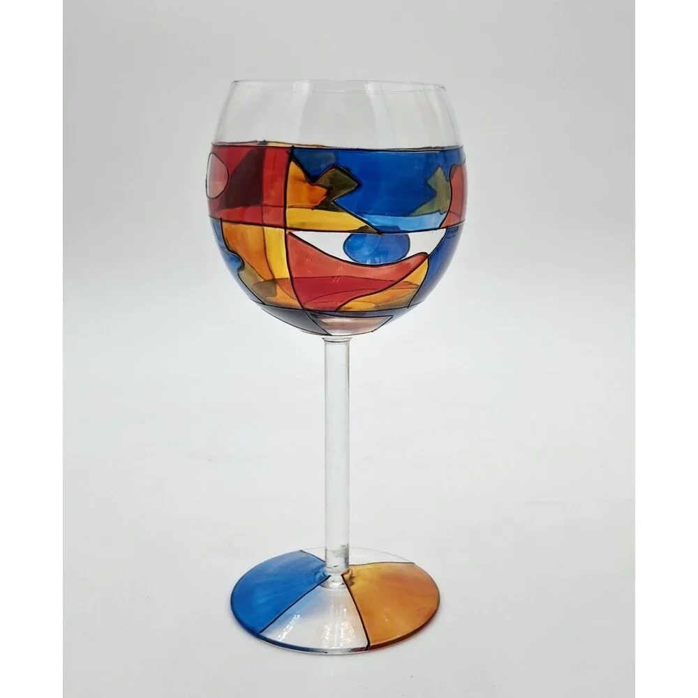 Colorful Hand painted Stemmed Wine Glass  8 3/8